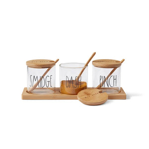 Rae Dunn Pinch, Dash, Smidge glass spice jars Acacia wood tray and serving spoons