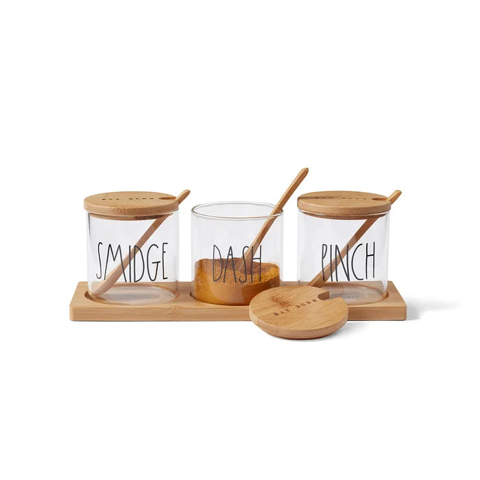 Rae Dunn Pinch, Dash, Smidge glass spice jars Acacia wood tray and serving spoons